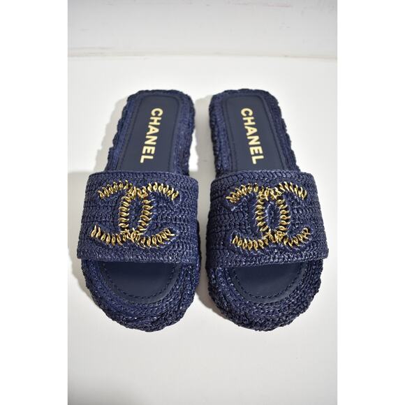 Chanel 21C Navy Blue Cord Gold Chain CC Logo Mule Slide Slip On Sandal Flat 35 - Picture 8 of 12